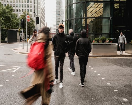 People walking calmly in a busy city street